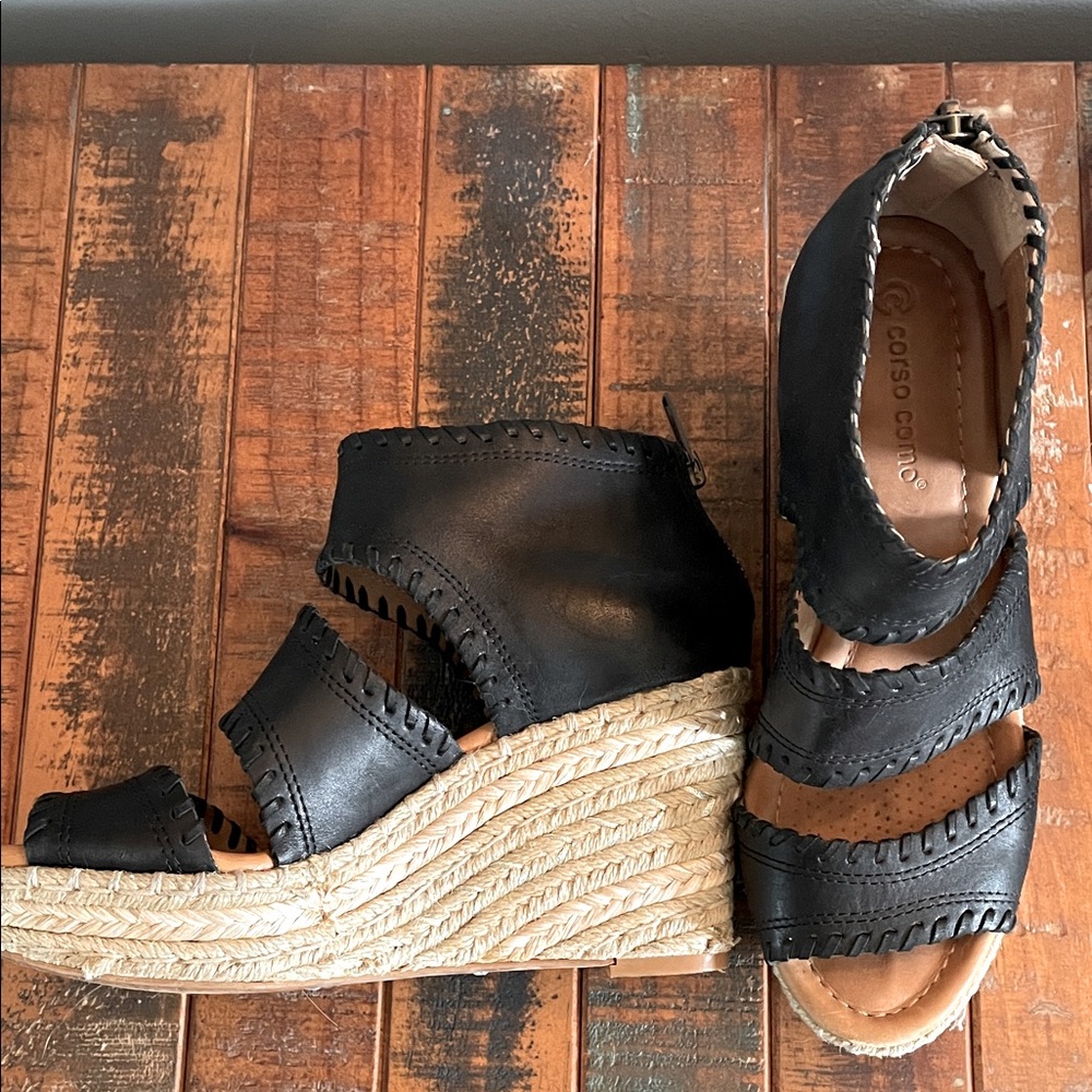 Leather and Rope Wedge Espadrilles, Back Zip, size 6
